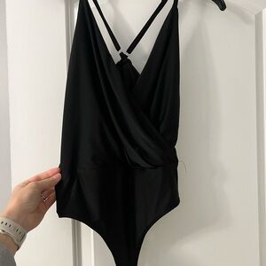 Black Wrap-Style Bodysuit with Adjustable Straps